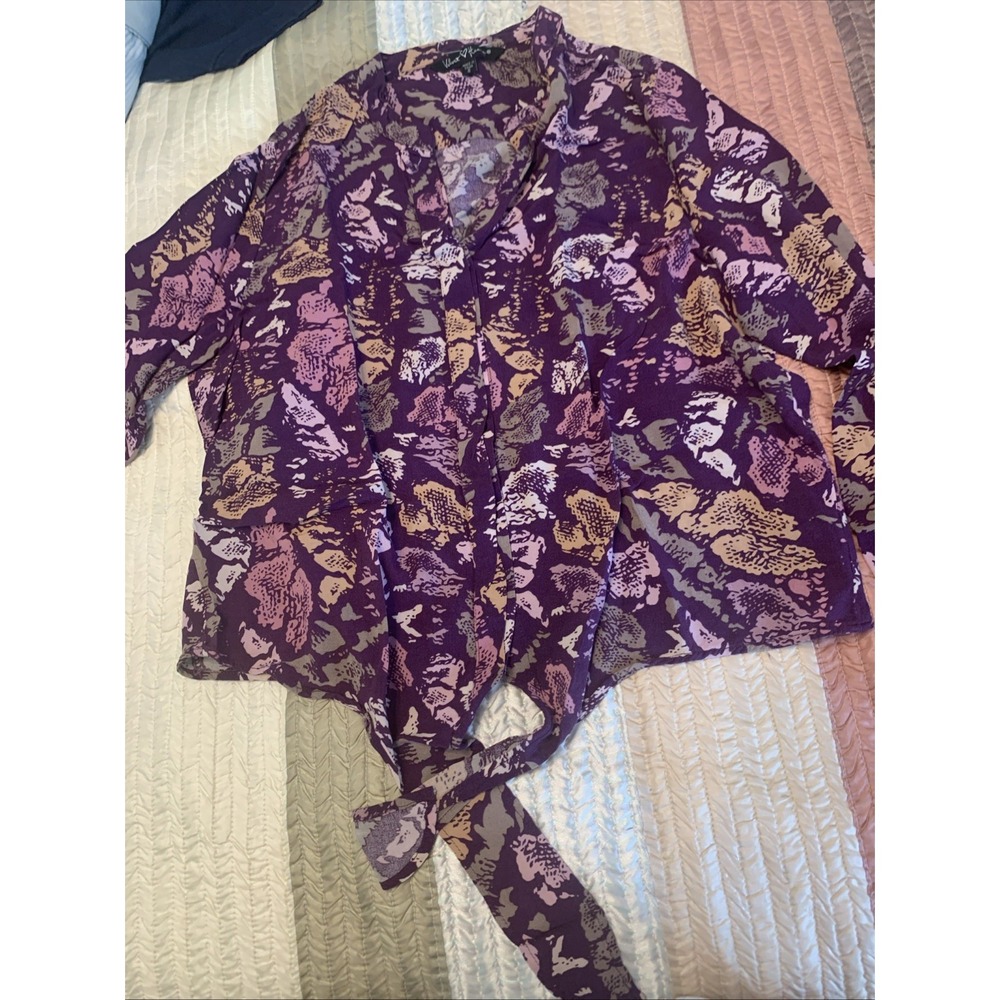 Velvet Heart Purple Leaf Print V-Neck Long Sleeve Tie Front Blouse Size S